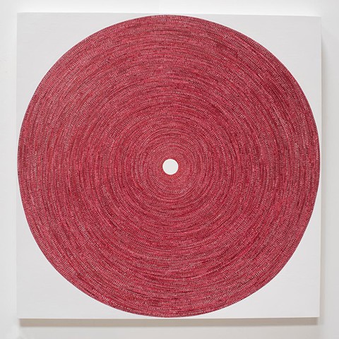circle, contemporary art, red, yong sin, yong sin artist, collage, tape art