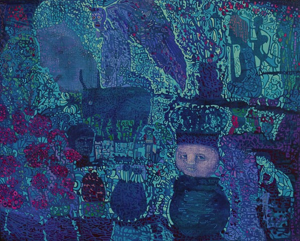 acrylic painting blue mauve purple figures patterning garden angel by Cathie Joy Young