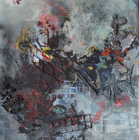 mixed media painting about the absence and destruction created by war