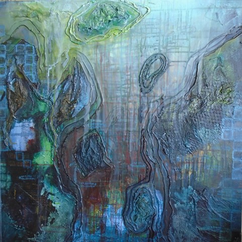 Mixed media painting: Meditation on migration due to sea level rise