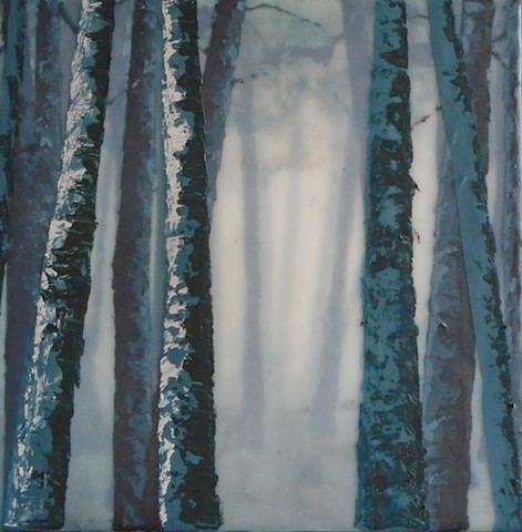 Birch grove, view to inner forest.  Matte medium imitates wax.