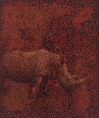 oil painting of a rhinoceros on lace textured background by susan hall