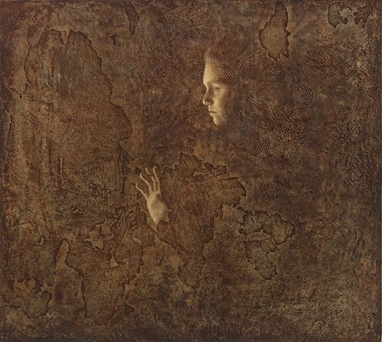 oil painting of a female figure on a lace textured background by susan hall