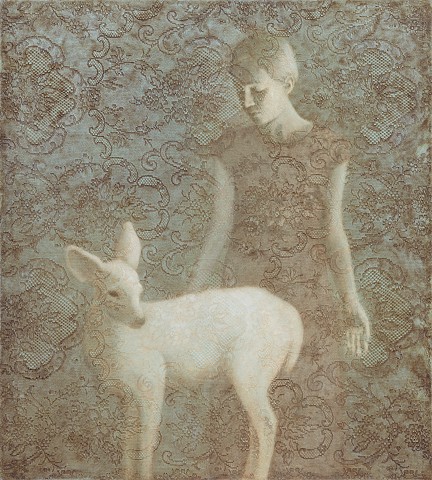girl, white deer, lace, blue, brown, texture