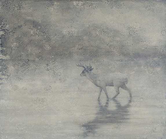 oil painting of deer buck on lace grey by susan hall