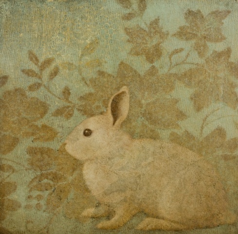 oil painting of rabbit with lace on wood panel by susan hall