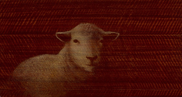 oil painting of lamb sheep on wood grained panel by susan hall