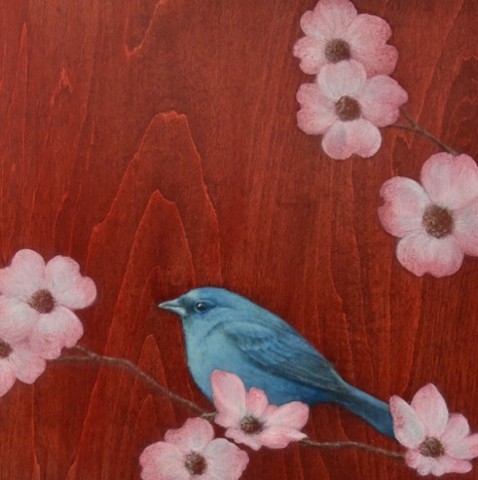 bird painting, susan hall, indogo bunting, bird art