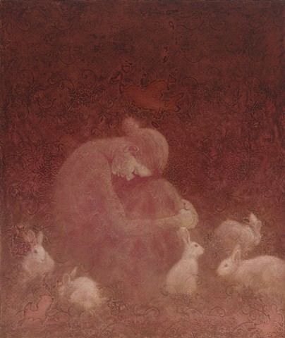 girl, woman, figurative, lace, rabbits, texture, red, oil painting
