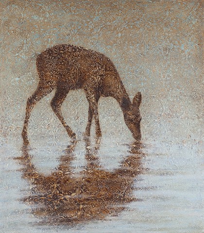oil painting of a doe deer in water on lace crochet background by susan hall