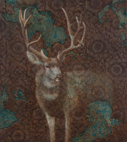 oil painting of a deer buck on lace background by susan hall