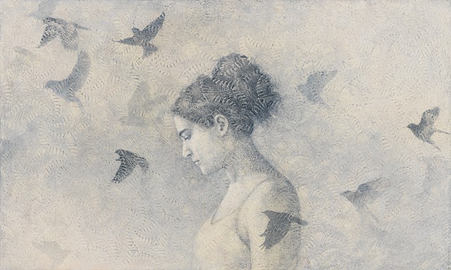oil painting, lace, birds, birds in flight, texture, monochromatic, woman