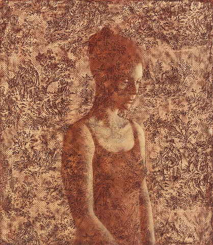 oil painting of female figure on toile lace by susan hall 