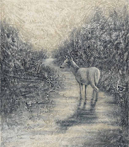 oil painting of a doe deer in water on toile lace crochet background by susan hall
