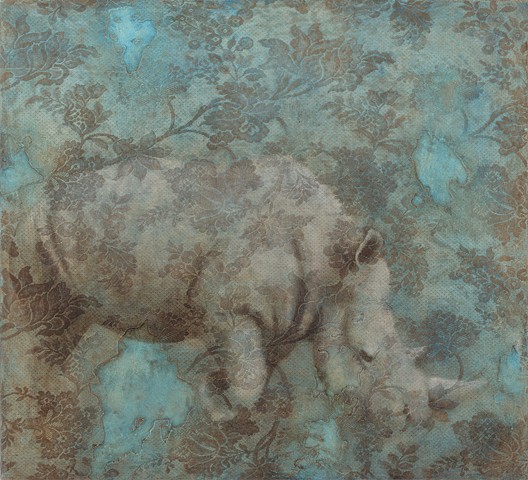 painting of a rhinoceros on a lace textured blue brown background by Susan Hall