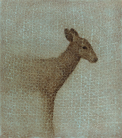 oil painting of a deer fawn on lace crochet background by susan hall