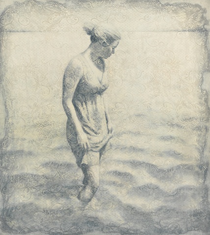 oil painting of a female figure in water on a lace background by susan hall