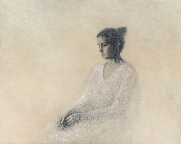 oil painting of a female figure on a crochet lace background by susan hall