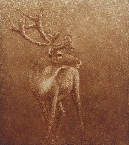 oil painting of a caribou with crochet lace by susan hall