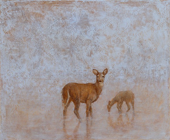 oil painting of two deer grazing in a blue field. pale blue, brown