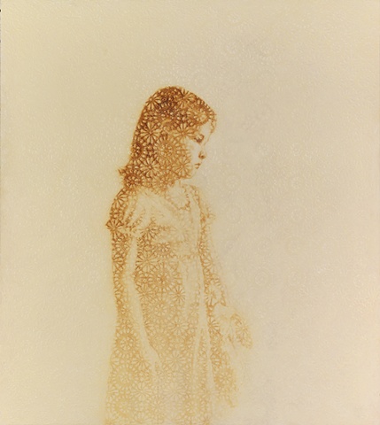 oil painting of a young girl on a crochet lace background by susan hall