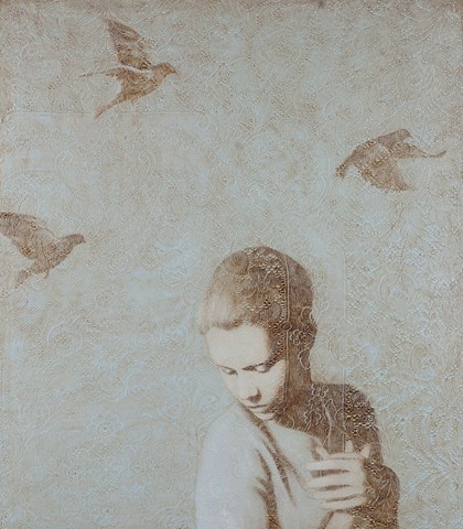 oil painting of woman with birds and lace by susan hall, oil painting, lace. birds, birds in flight, texture, monochromatic, woman