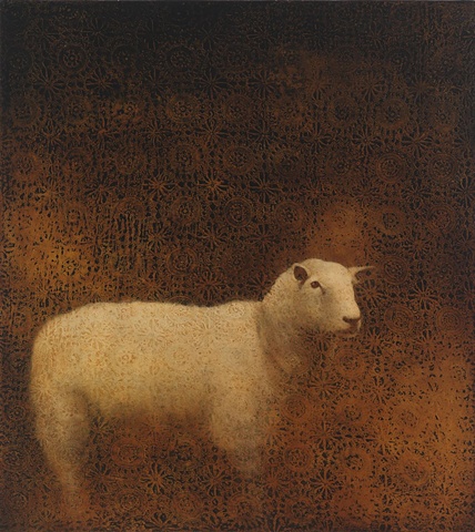 oil painting of lamb sheep on crochet lace textured brown background by susan hall