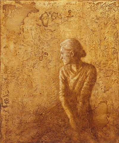 woman, oil painting, figurative, lace, texture, yellow, brown