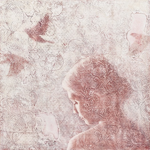 oil painting of a female figure girl with birds on a lace textured background by susan hall