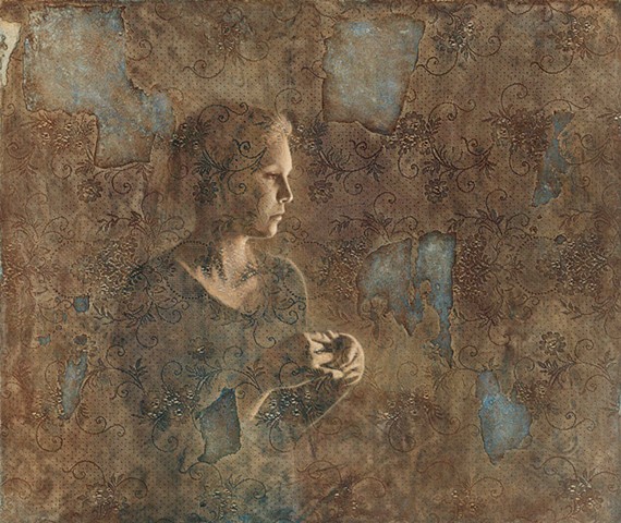 oil painting by susan hall, lace, female figure, brown, blue, surface, texture