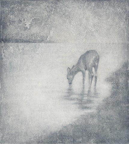 oil painting of deer on lace grey blue by susan hall
