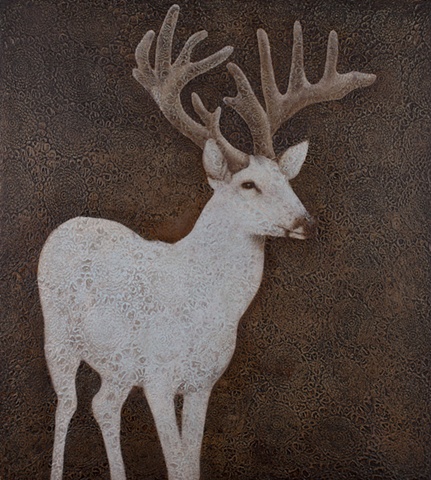 oil painting of a deer buck on lace crochet background brown by susan hall