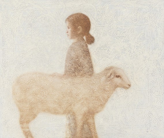 oil painting of a girl and lamb on lace textured background by susan hall