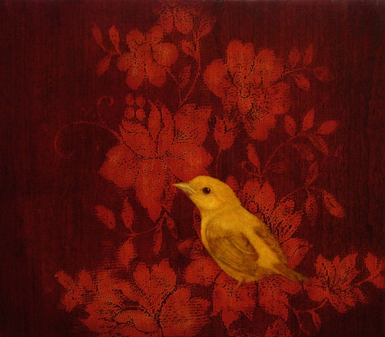 oil painting of yellow bird on red lace flowers by susan hall