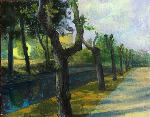"Pollarded Trees along the rive l'Ourcq", painted en plein air in La Ferté-Milon, France, 2017