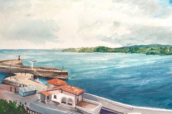 "View of Bay of Biscay from Calle dela Cordeleria, Comillas (Cantabria), Spain". painted en plein air, 2019