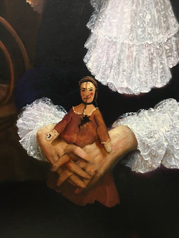 "The Royal Splitting: A Destructive Ballad of Dysfunctional Love", detail #2, (detail of the two-faced ragged doll held together by Louis), work in progress
