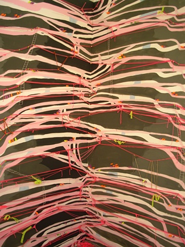 abstract installation in paint, string and mixed media on wall