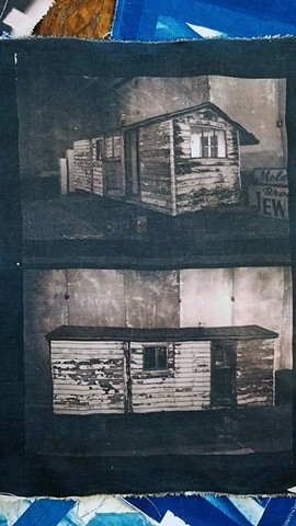 Toned cyanotype on fabric of Castle's Cozy Cottage Trailer.