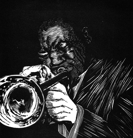 A relief engraving of jazz musician Clifford Brown trumpet woodcut printmaking print