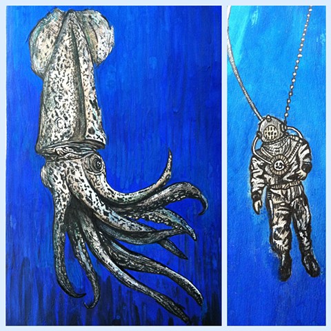 this is a skate deck skatedeck skateboard painting with a squid and a diver old fashion antique diving helmet paint gouache sea 