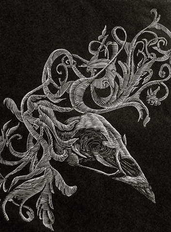 a relief engraving of a bird skull with vines and ornamentation 