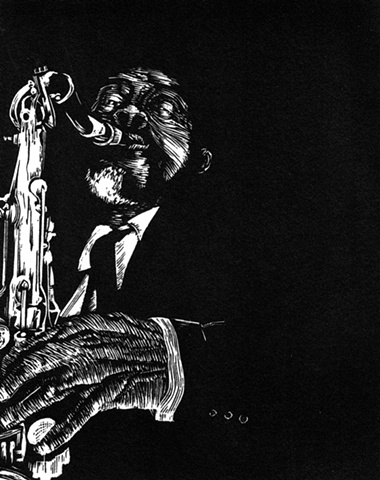 A relief engraving of jazz musician Albert Ayler saxaphone freejazz editio woodcut