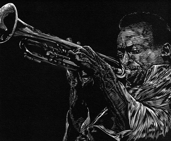 miles davis jazz musician print on paper trumpet engraving woodcut edition