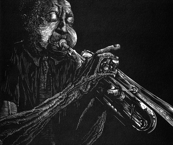 A relief engraving of jazz musician Blue Mitchell bluenote woodcut edition trumpet