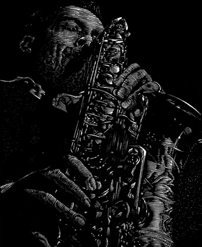 jackie mclean saxophone blue note jazz musician relief engraving woodcut print on paper