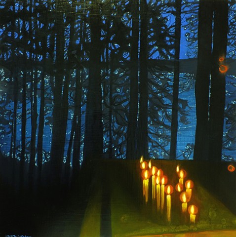 Stars on the lake, seen through silhouetted trees and borrowed candlelight