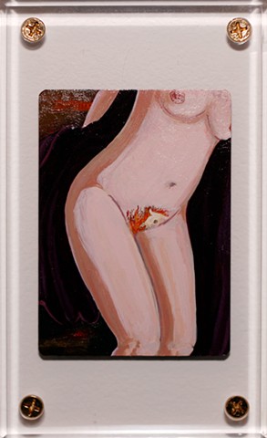 Magic: The Unravelling. Flashfire! red head woman with a cow skull with a fire in her crotch painting by Jonathan Mayers