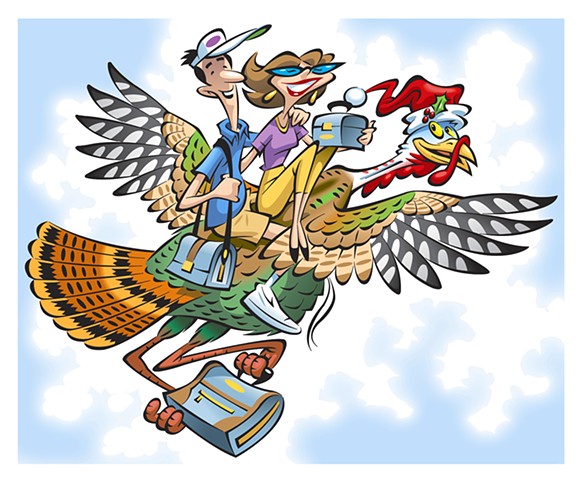 couple flying with holiday turkey