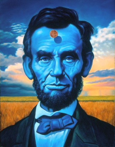 Phill Flanders,oil painting,surreal art,for sale,Abe Lincoln, The Blue Lincoln